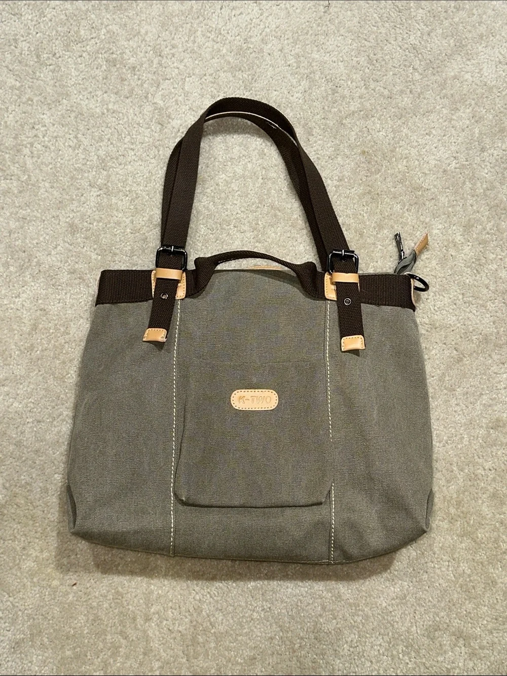 K-Two Olive Canvas Tote with Dark Brown Straps